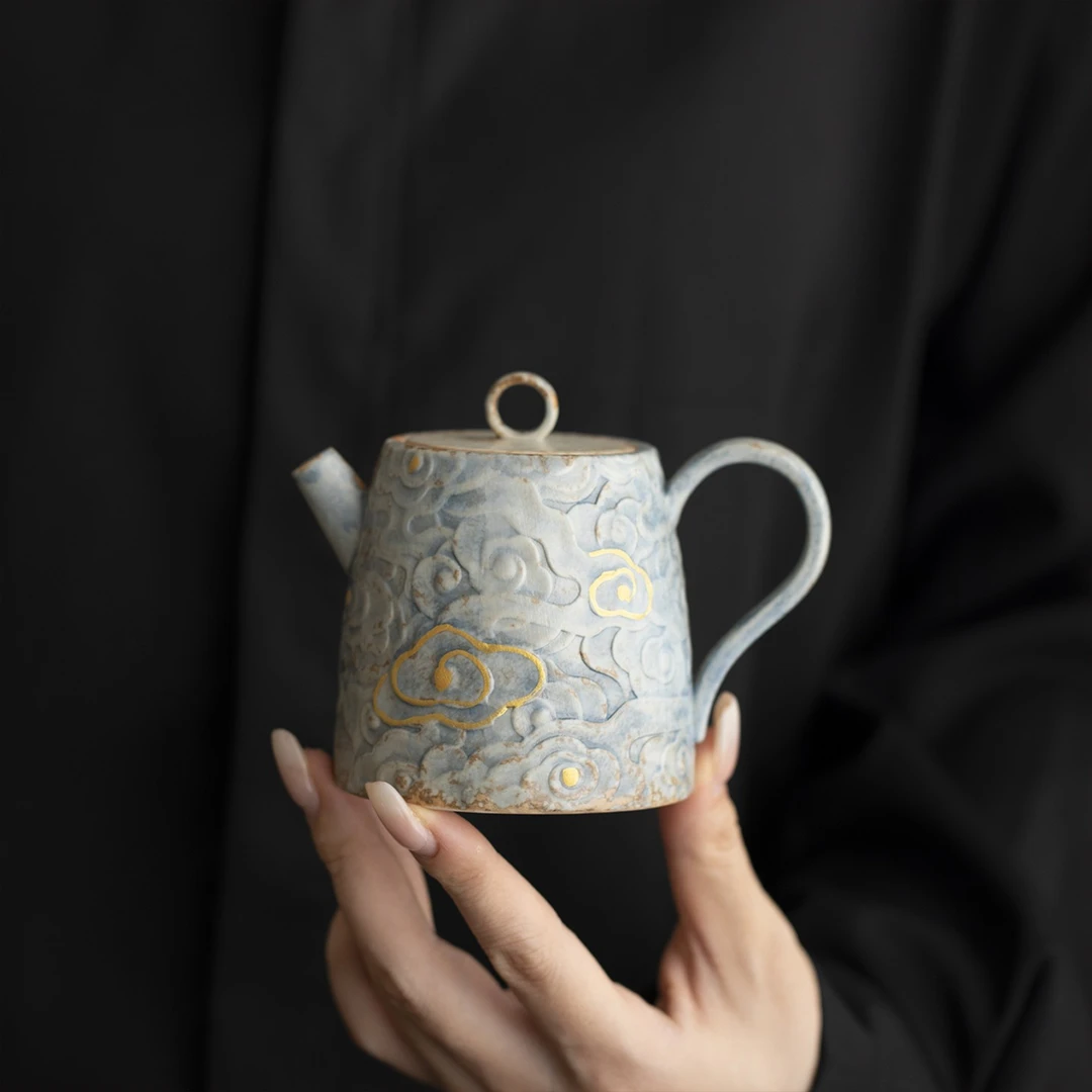 宜物宜心蔚蓝祥云浮雕茶壶茶杯单壶小号一人饮家用功夫茶具泡茶壶