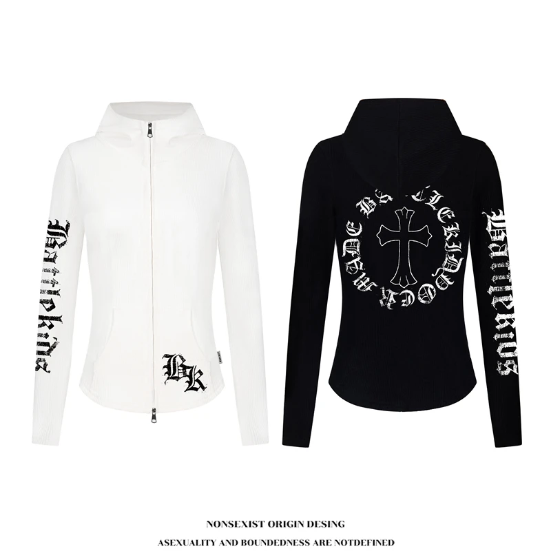 NONSEXIST 原创国潮显瘦字母印花外套秋季女款辣妹修身连帽卫衣潮