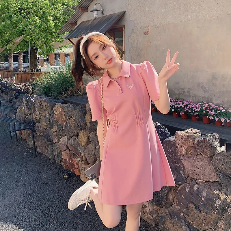 粉色Polo连衣裙女夏季2025新款奶甜系少女感减龄收腰显瘦a字裙子