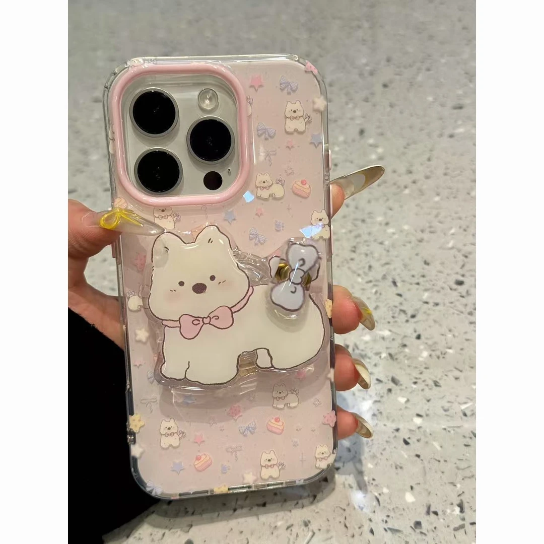 韩系粉底蛋糕小狗适用iPhone16大孔苹果手机壳华为oppo小米14vivo