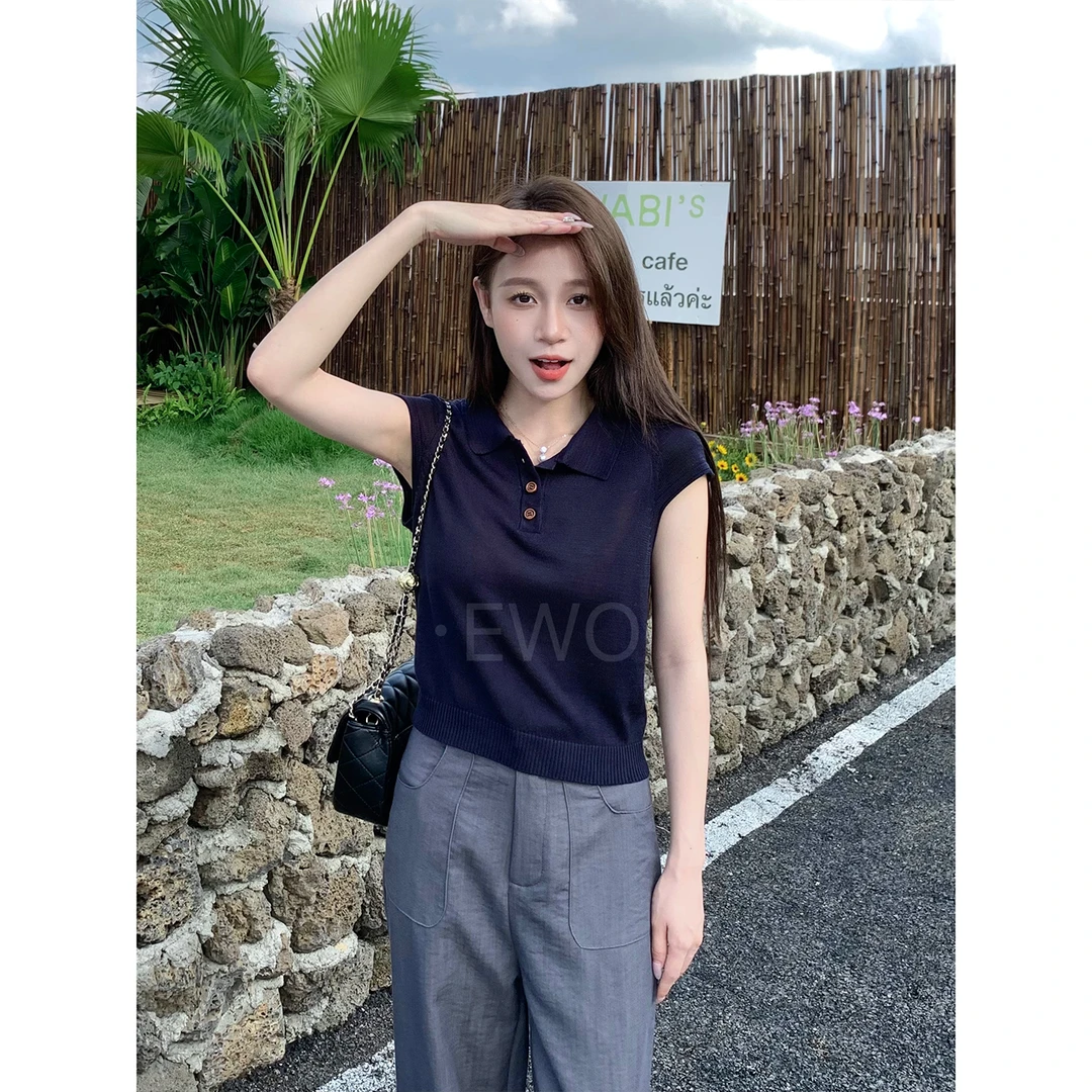 【小爽小个子定制】夏季新款休闲轻奢翻领设计针织POLO上衣-8502