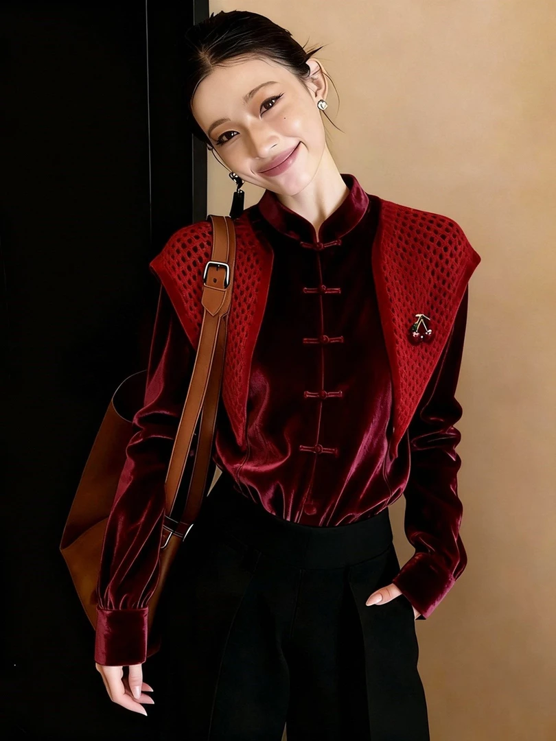 新中式国风盘扣假两件红色衬衫女秋冬小众不撞款披肩衬衣丝绒上衣