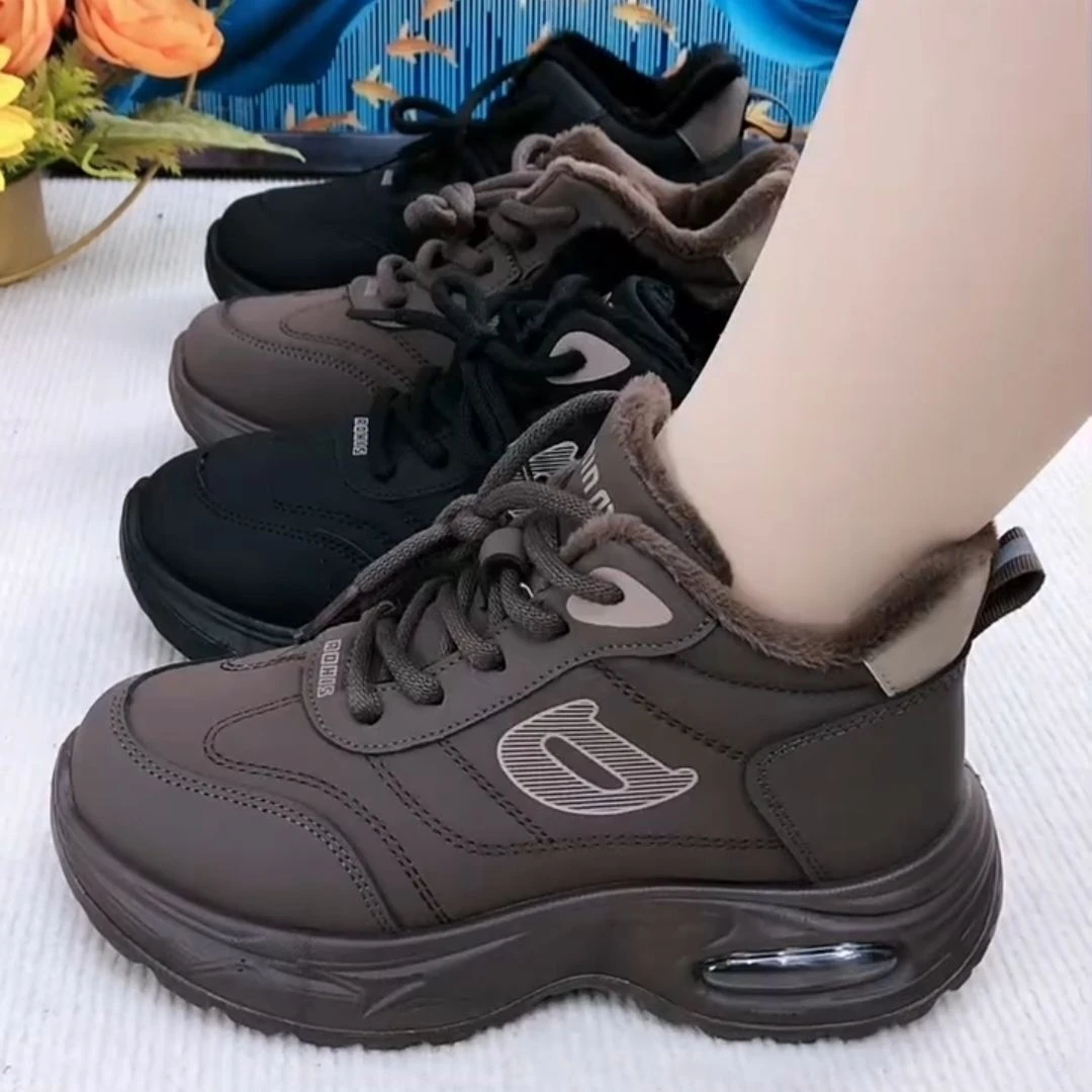 冬季加绒老爹鞋厚底增高防滑耐磨软底舒适百搭休闲运动女鞋保暖