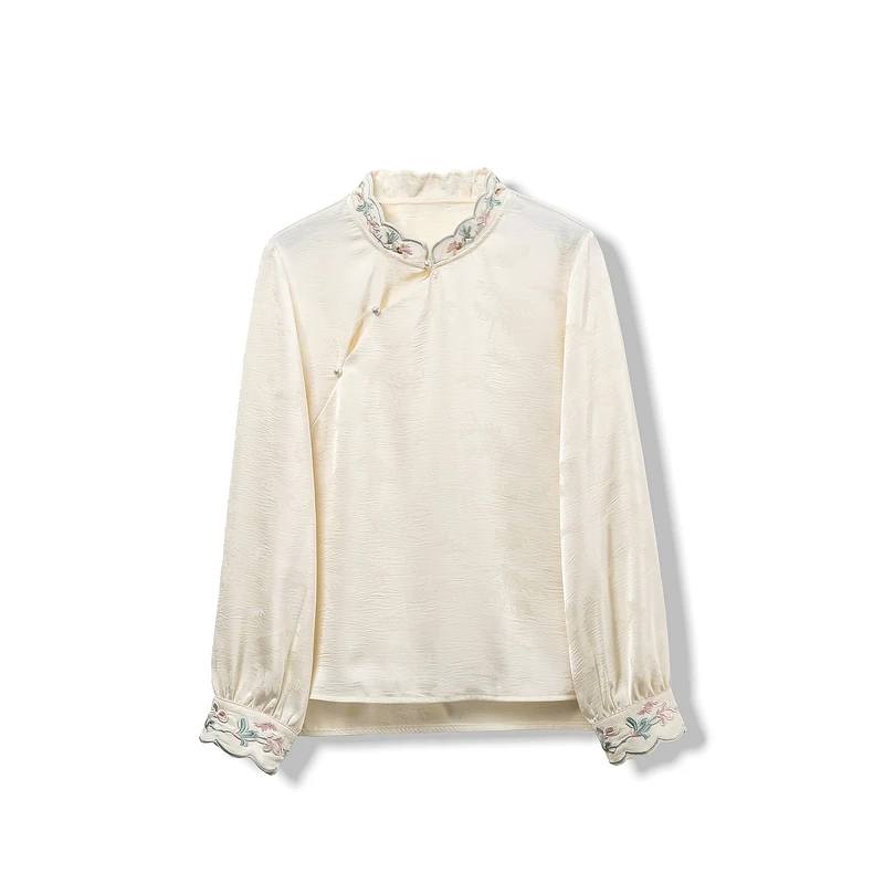 【茉白】2025新款秋季衬衣女式新中式女宽松高级感立领绣花长袖衬衫