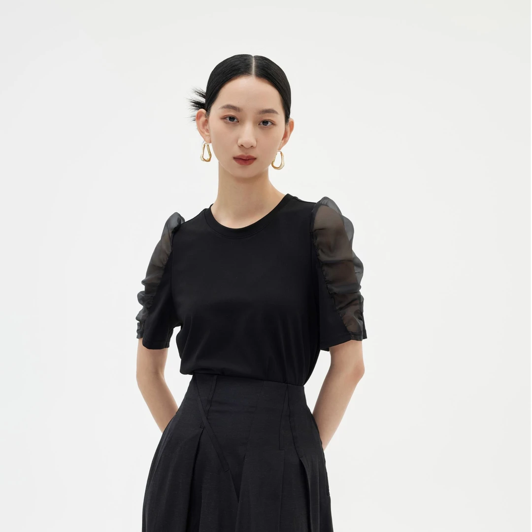 【佐色】简约拼袖针织T恤（224312231）