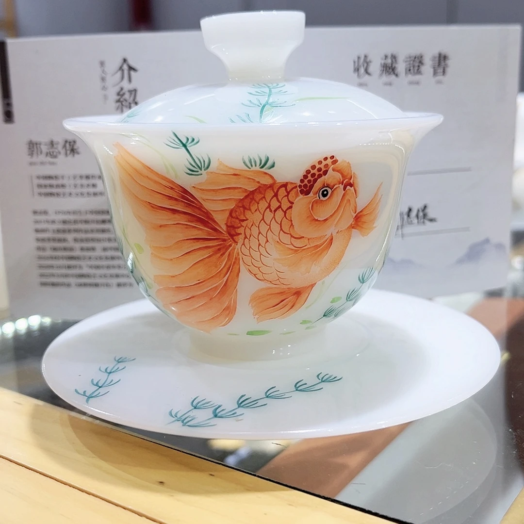孟***生陶瓷郭老师手绘鱼盖碗