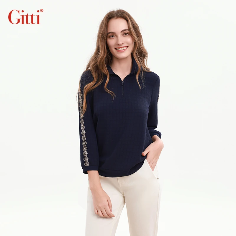 Gitti/吉蒂秋款格子立领中袖T恤女宽松大码花朵七分袖上衣G255010