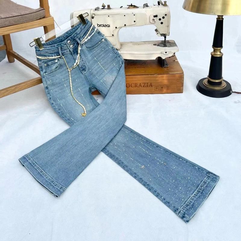 春季新品微喇裤满天星水晶镶钻精致小香风弹力显瘦喇叭牛仔裤