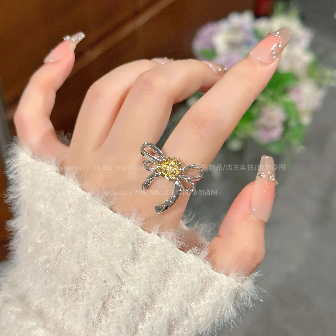 铜合金亚克力戒指 C449高级复古褶皱蝴蝶结花花戒指女气质小众