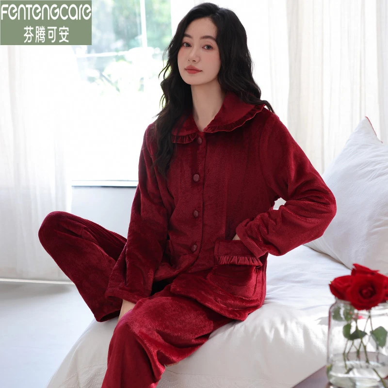 芬腾可安秋冬女款睡衣开衫法兰绒加厚保暖高档加大码珊瑚绒家居服