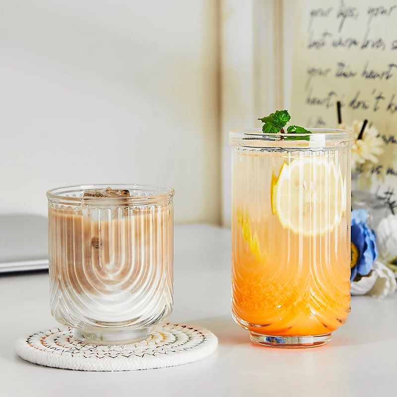 ins小众条纹U形玻璃杯冰美式拿铁咖啡杯果汁杯饮料气泡冷饮杯子
