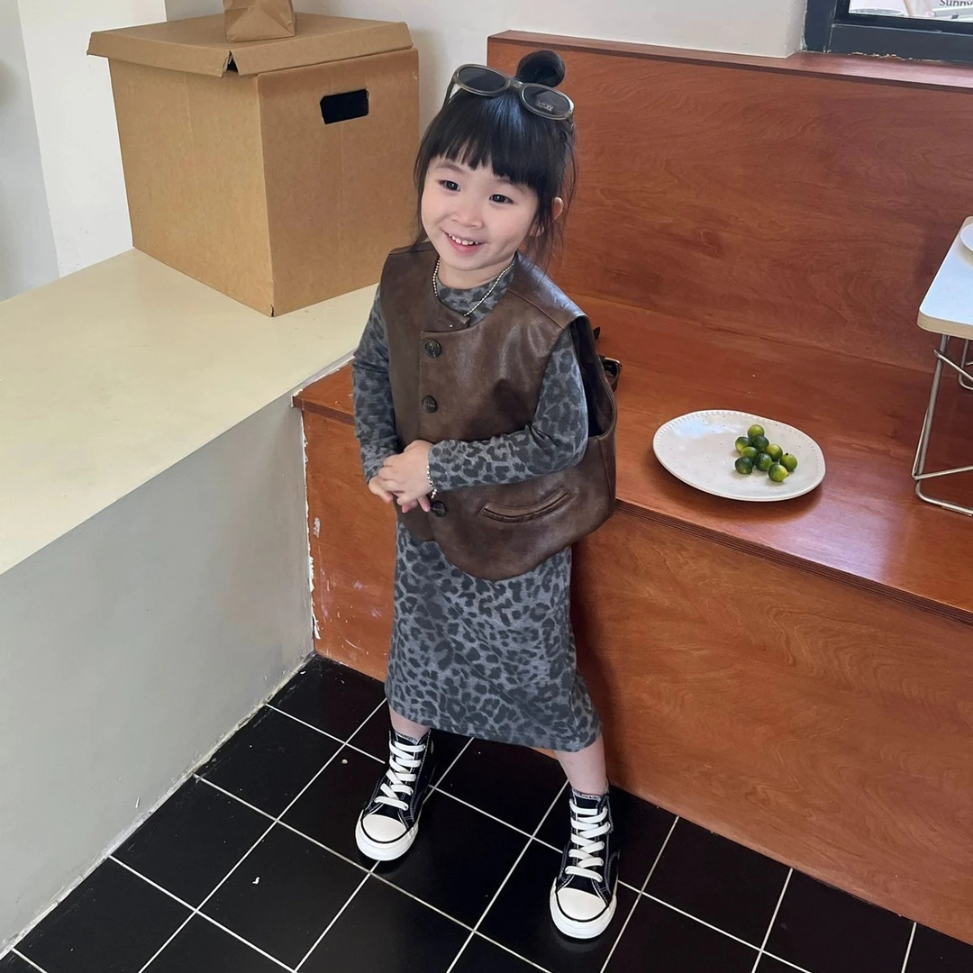 巴拉巴拉云朵女童套装早秋2025新款时尚儿童复古豹纹连衣裙宝宝不