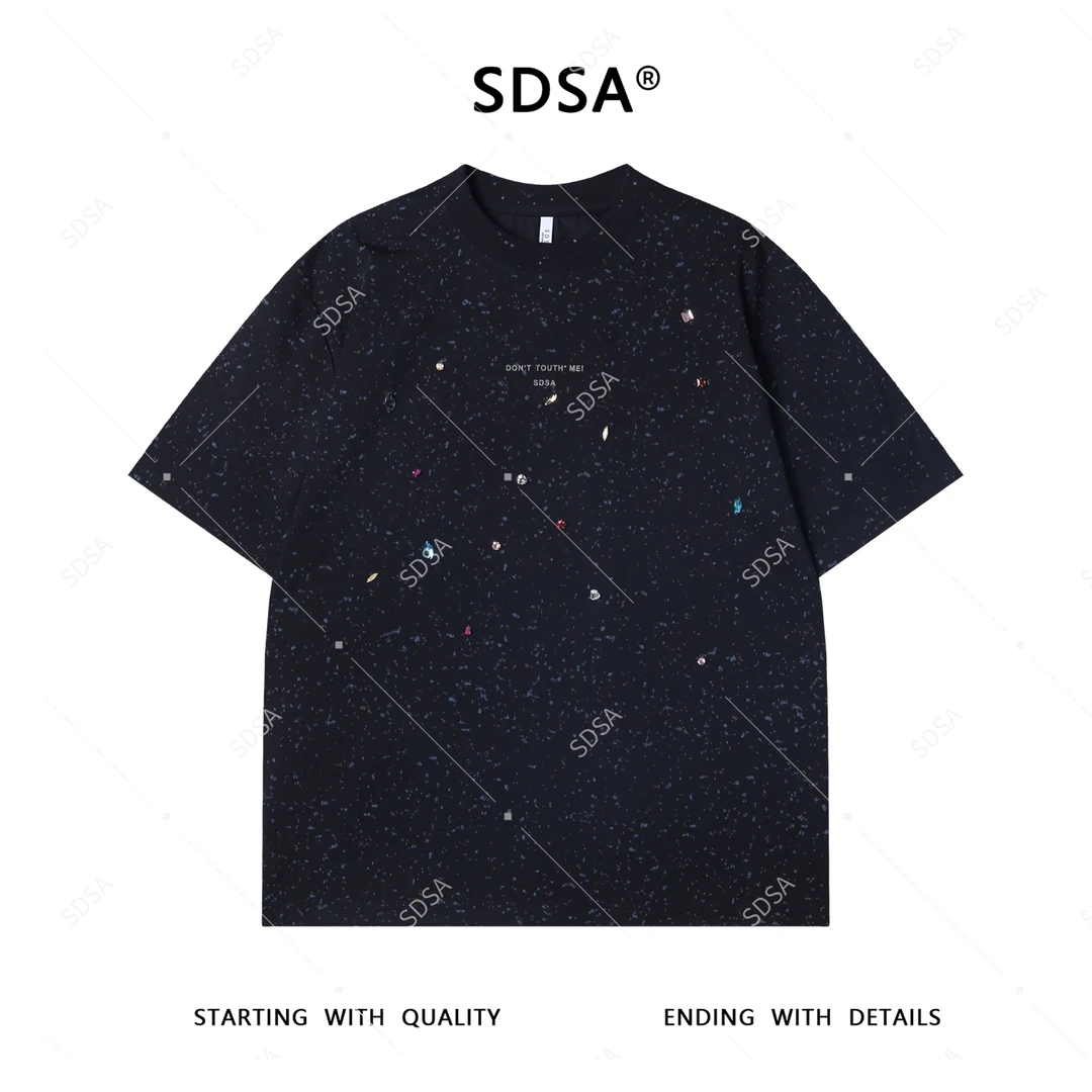 夏季高级感新款男士美式泼墨烫钻短袖T恤时尚轻奢宽松圆领上衣