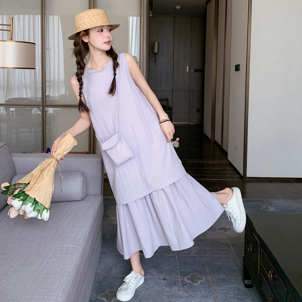 841-850 无袖慵懒风纯色长裙A字裙连衣裙（非主图款）