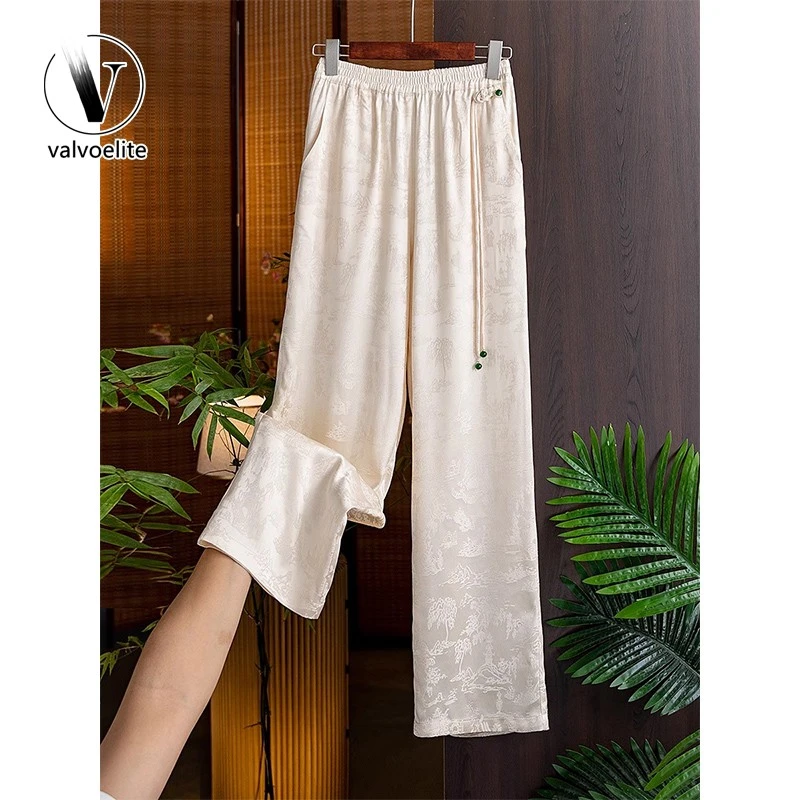 VALVOELITE新中式轻国风提花休闲裤女夏高腰垂感直筒缎面阔腿花苞