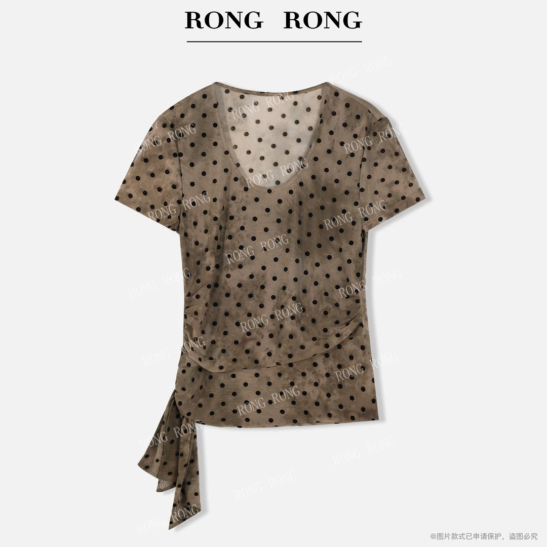 溶溶【浮星光影】RONGRONG 圆领微透高弹网纱植绒波点T恤ZGX6J2026
