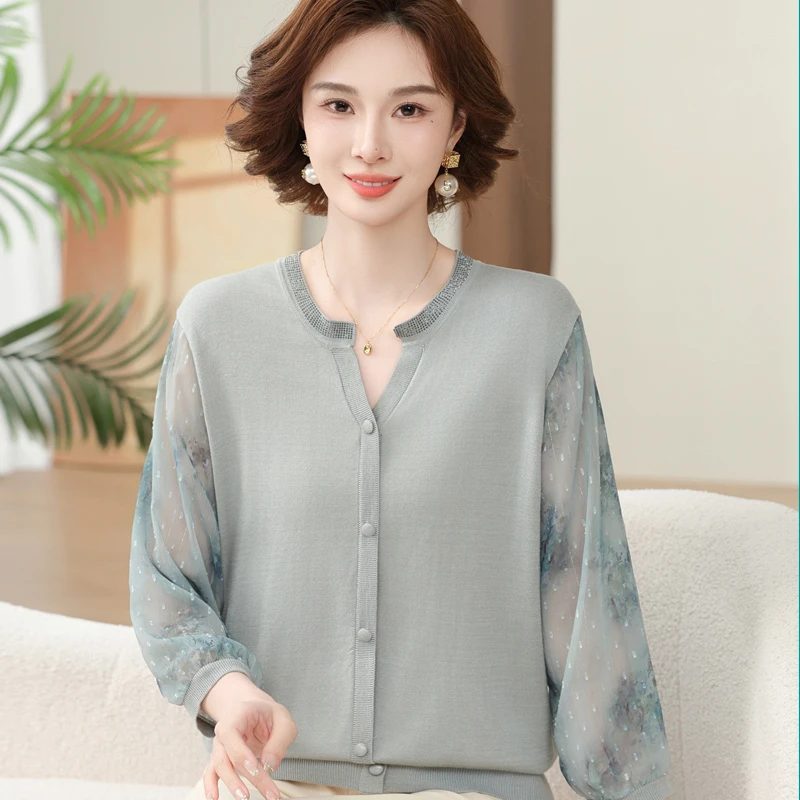 妈妈春装薄七分纱袖针织圆领打底小衫中老年春夏季中长袖T恤上衣