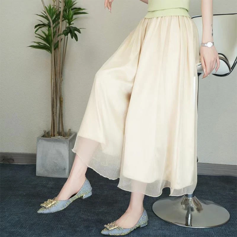 夏季冰丝舒适白色流光裙裤女小个子高腰垂感宽松高级显瘦阔腿裤子