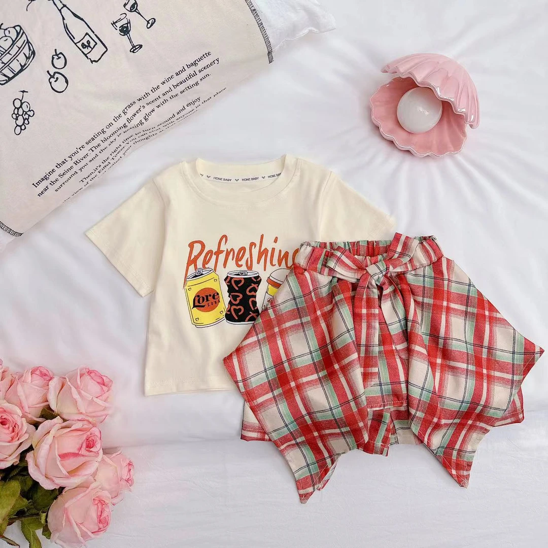 夏季甜酷女孩奶茶短袖韩版不规则格子套装 D-AB429