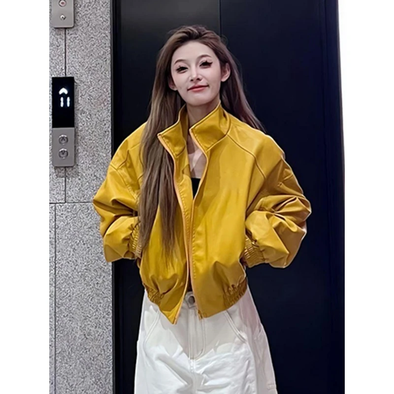 2025超火早秋简约百搭休闲慵懒风上衣小个子气质黄色棒球服外套女
