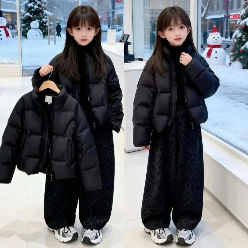 女童慵懒风黑色短款棉服2025冬季加绒加厚豹纹阔腿裤宽松两件套潮