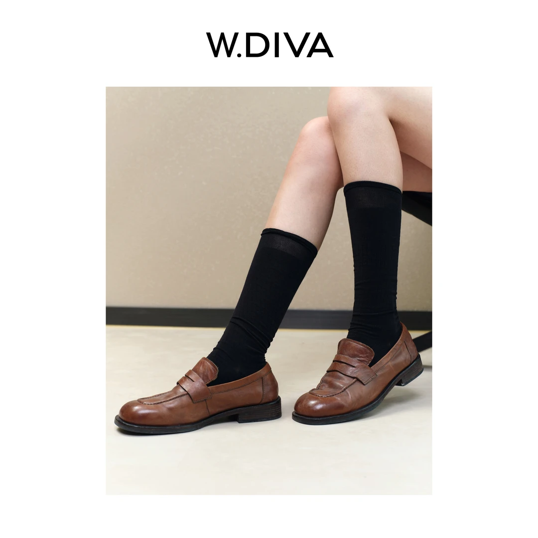 W.Diva【开车皮鞋】高级感水洗真皮皮鞋一脚蹬休闲乐福鞋51X011135