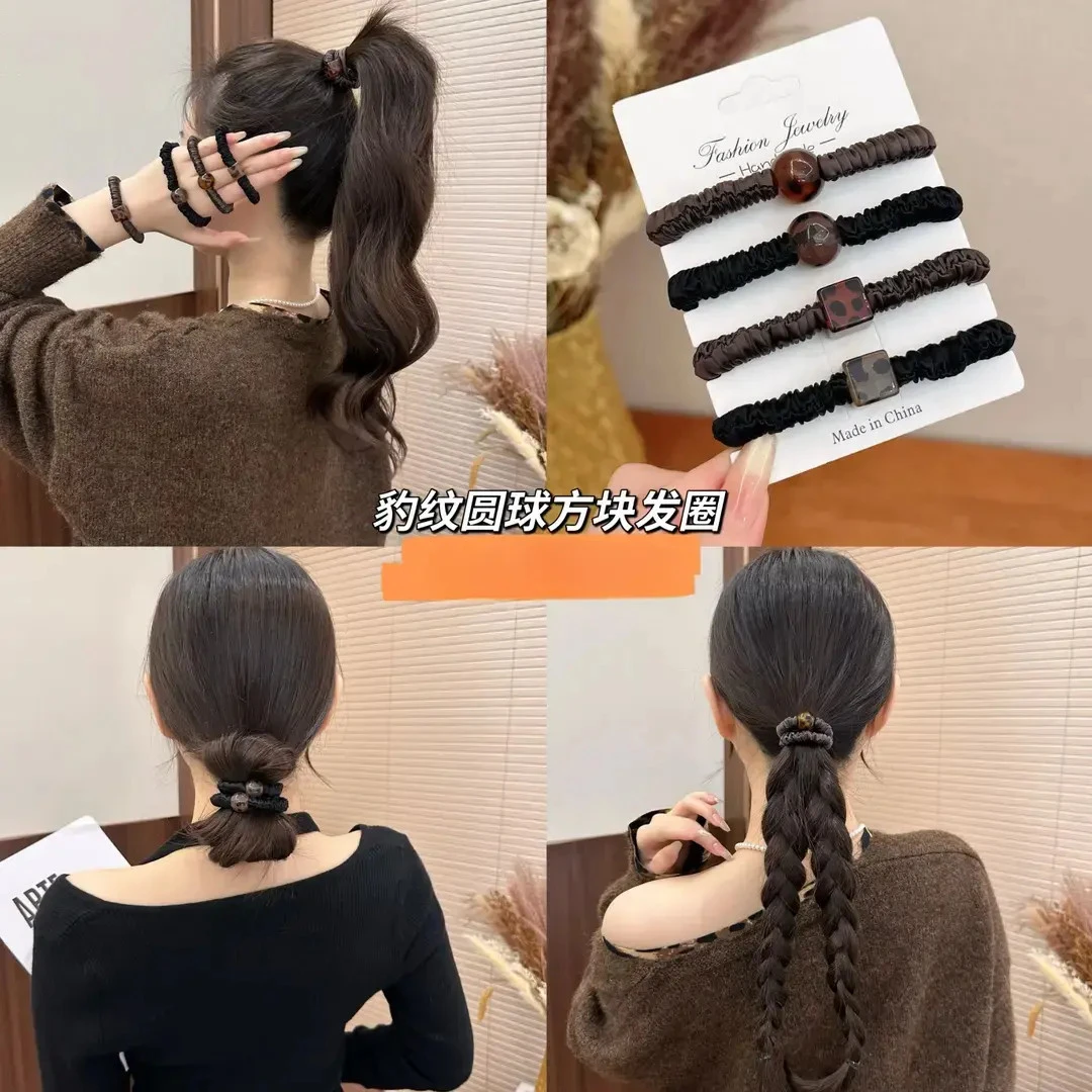 简约豹纹球球和豹纹方块牛奶丝小肠发圈不伤发扎头发头绳