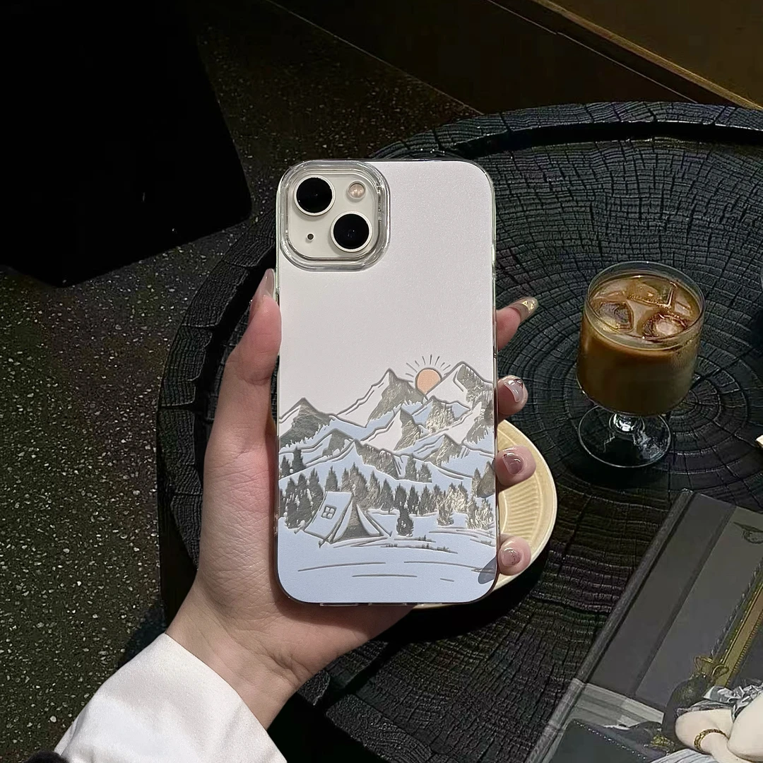 适用苹果华为一加iQ小米日出雪山大孔冰川纹创意动漫防摔手机壳