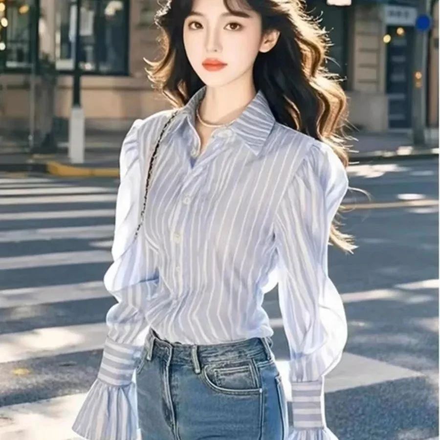 【4893人收藏】高级感蓝色条纹翻领衬衫女2025春小个子别致绝美漂