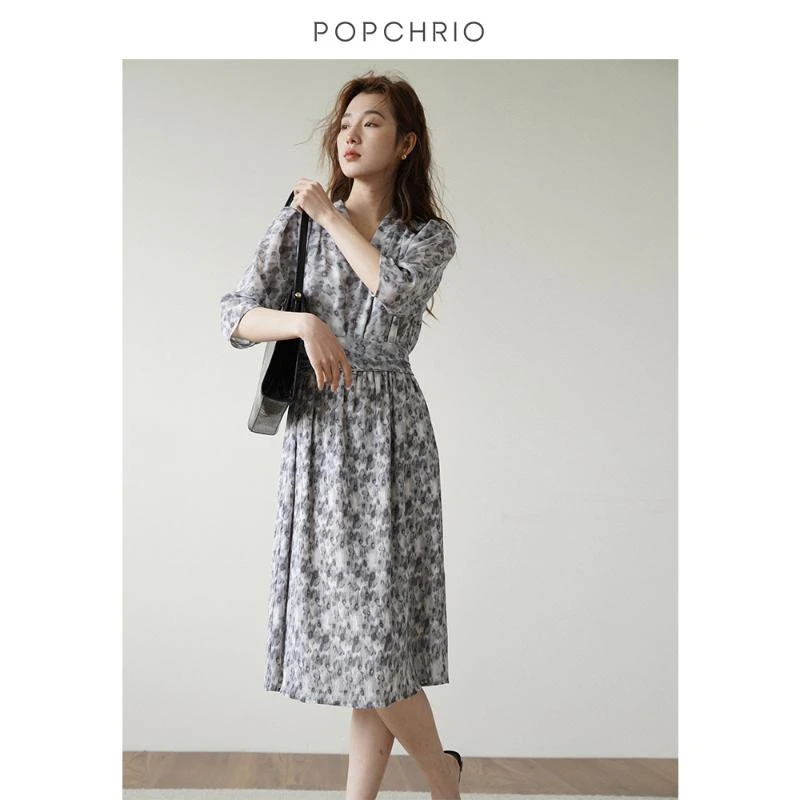 POPCHRIO欧可芮春日限定 小个子法式碎花短袖连衣裙显瘦长裙