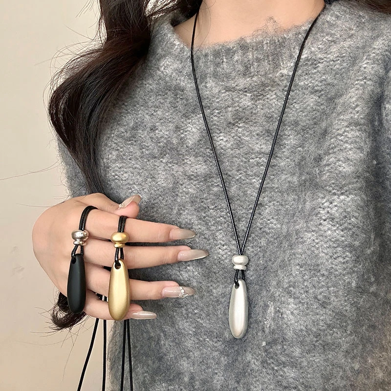 非金属皮质项链 水滴吊坠长款项链女高级感冷淡风毛衣链配饰品