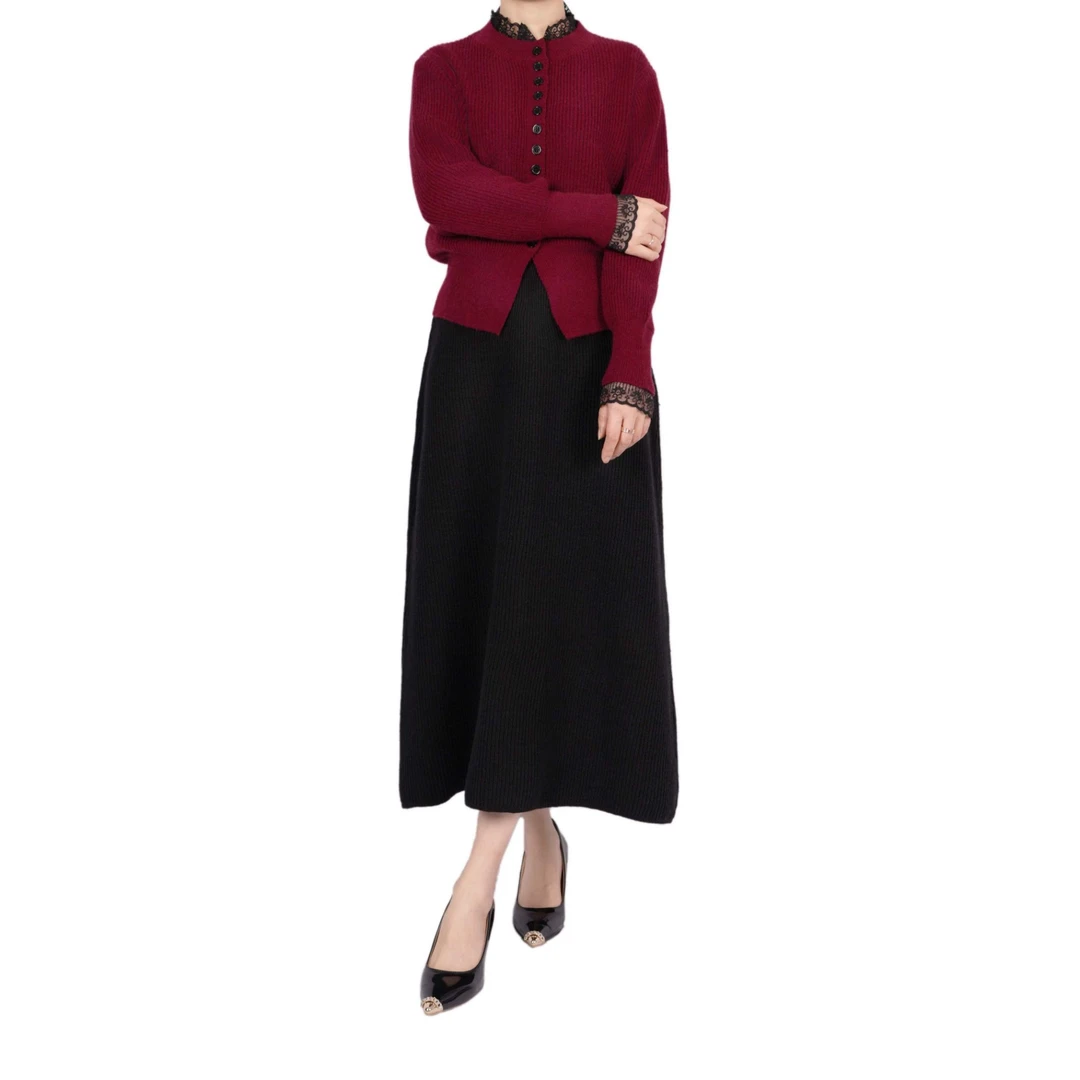 【百路时装】蕾丝花边气质显瘦抗起球针织毛衣长袖百搭上衣裙子套装