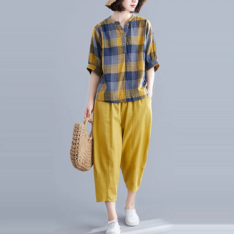 2024时尚大码女装200斤套装女夏新款宽松格子衬衫九分裤子两件套