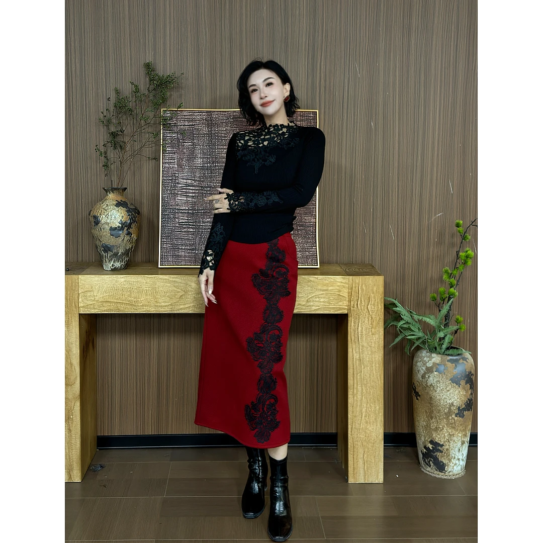 SONG-原创【摇落朱樱】设计师新款时尚蕾丝刺绣高级感显瘦半身裙