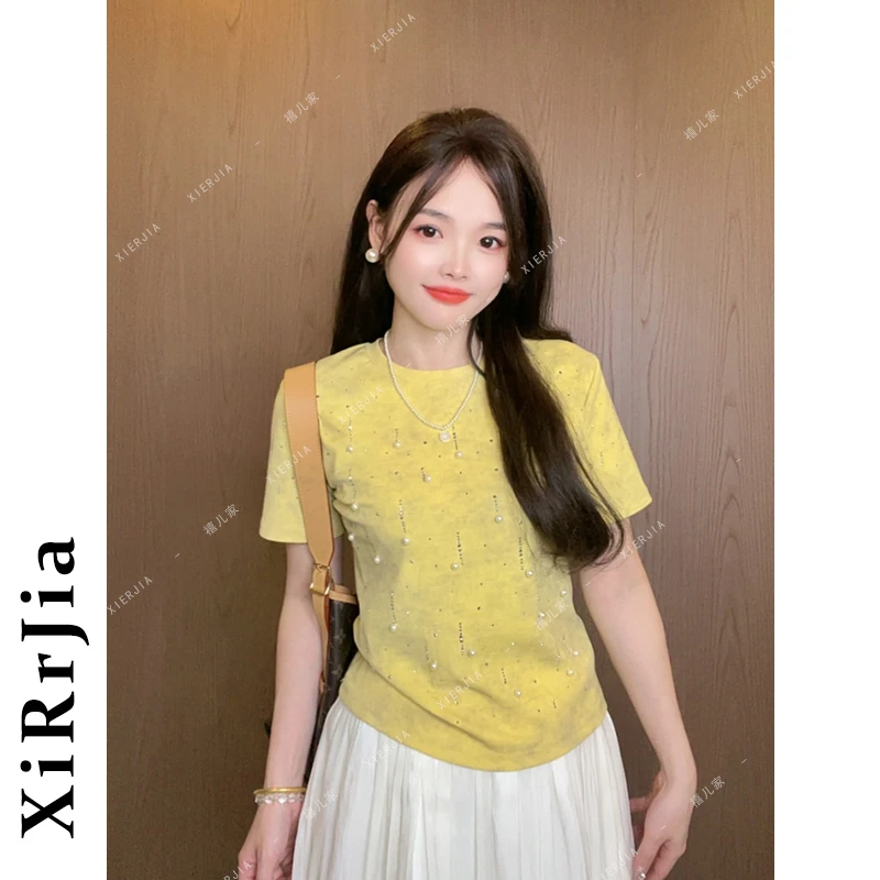 2025夏季新款时尚洋气时髦风格设计感珍珠烫钻扎染圆领短袖T恤女