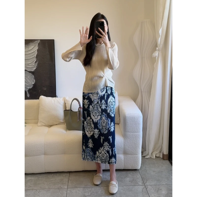 【褶二喜】三宅风早春粗牙签褶皱厚款图腾厚款气质显瘦半身裙女