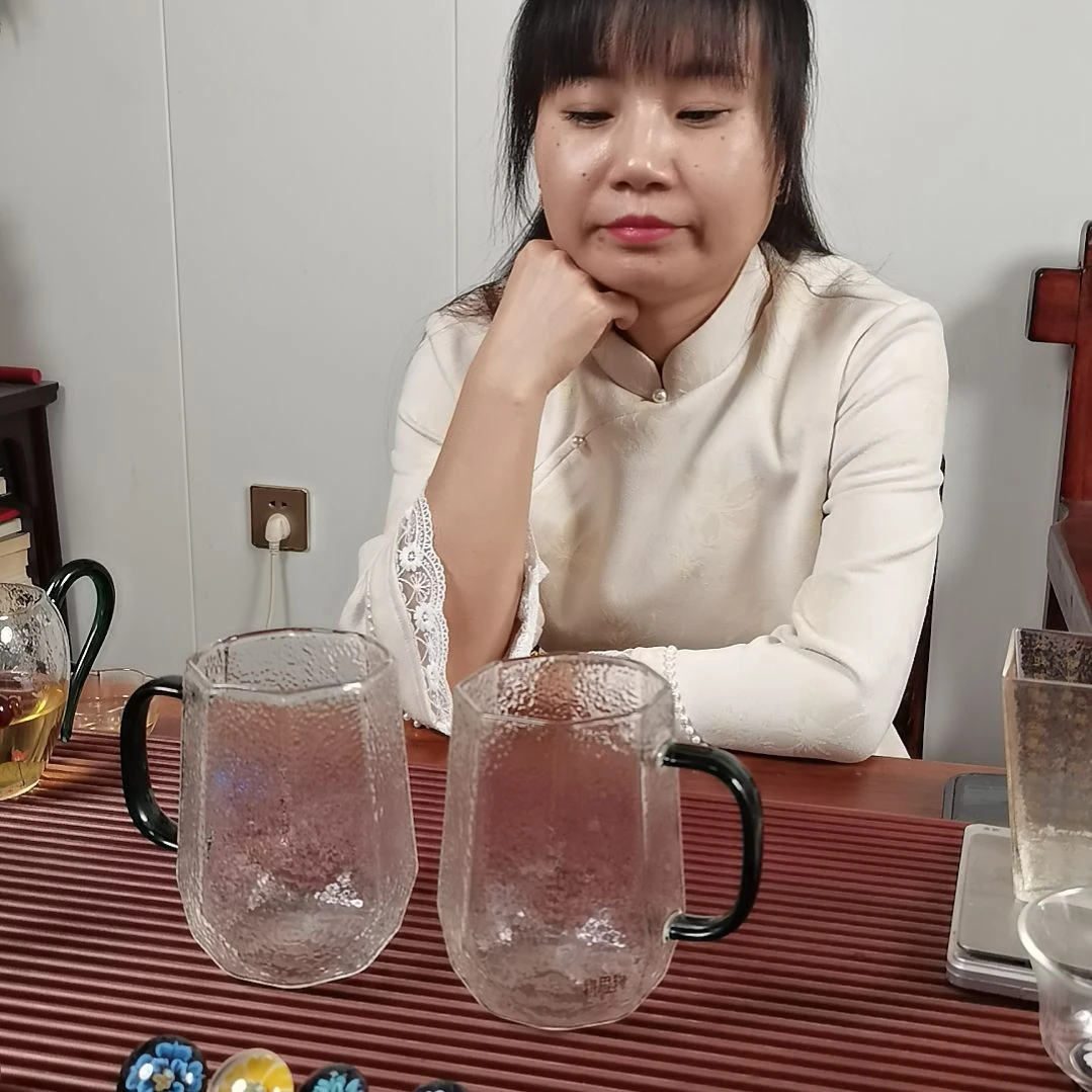 高硼硅玻璃手柄款锤纹水杯墨绿把手两支