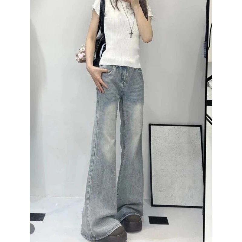 高个子加长版复古微喇牛仔裤女夏季高腰宽松显瘦不贴腿拖地喇叭裤