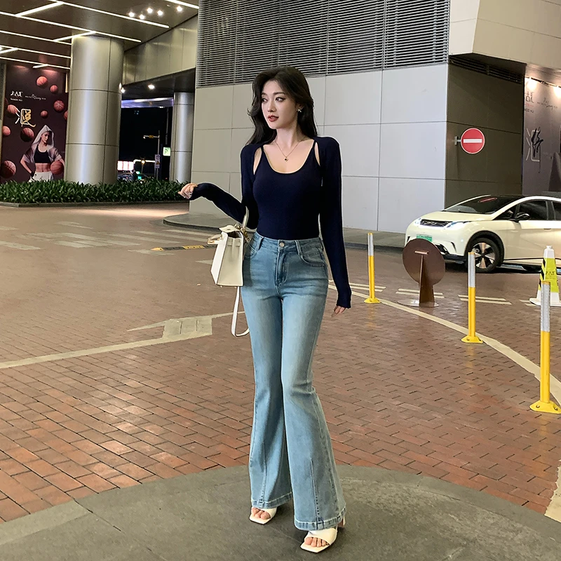 林关关【腿精牛仔裤】显瘦高腰直筒微喇裤女款时尚气质百搭喇叭长裤