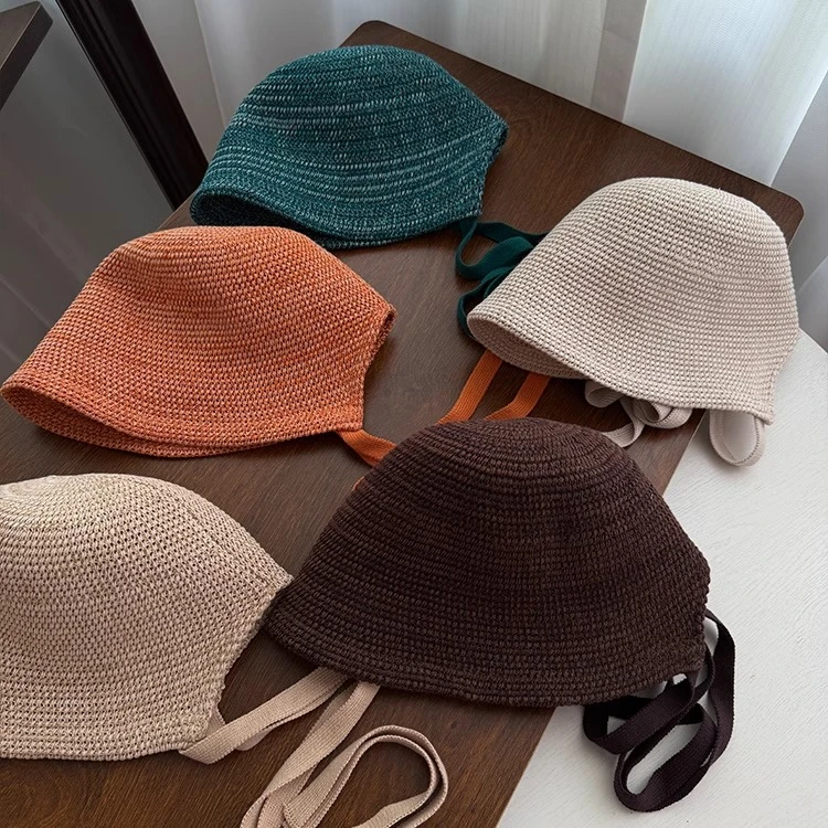 日本混色棉麻透气飘带设计师款渔夫帽水桶帽洋气遮阳盆帽萝莉帽子
