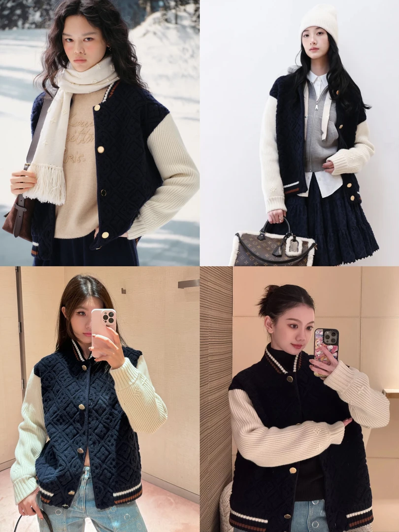 轻奢学院派 立体菱格提花条纹边拼色袖口刺绣宽松针织外套50626