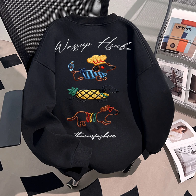 WASSUP HSUBE美式小狗腊肠狗印花圆领卫衣潮牌字母卡通男冬季新款