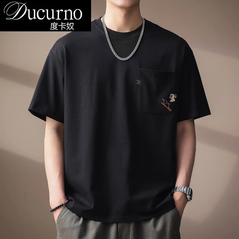 高端日系复古树懒刺绣纯棉短袖T恤上衣男夏季新款时尚口袋休闲t恤