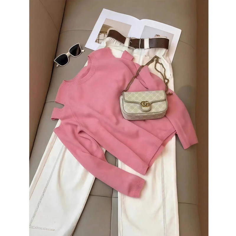 早秋搭配一整套女2025新款韩系设计感减龄针织上衣阔腿裤两件套装