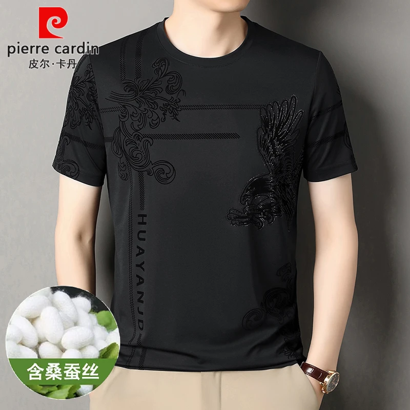 皮尔卡丹桑蚕丝短袖T恤男夏季新款植绒印花圆领时尚休闲大码上衣