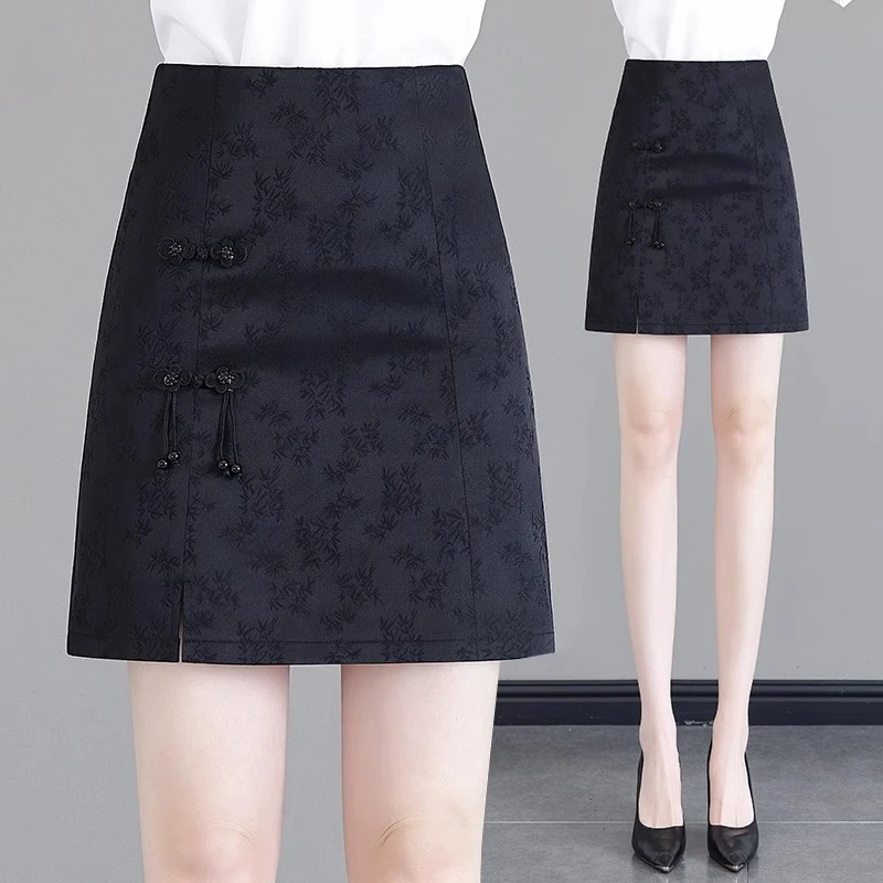 国风半身裙女春夏季新款高腰提花显瘦新中式包臀裙黑色a字短裙子