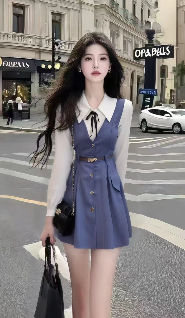 新款时尚甜美少女风翻领长袖高腰设计感连衣裙女复古气质显瘦短裙