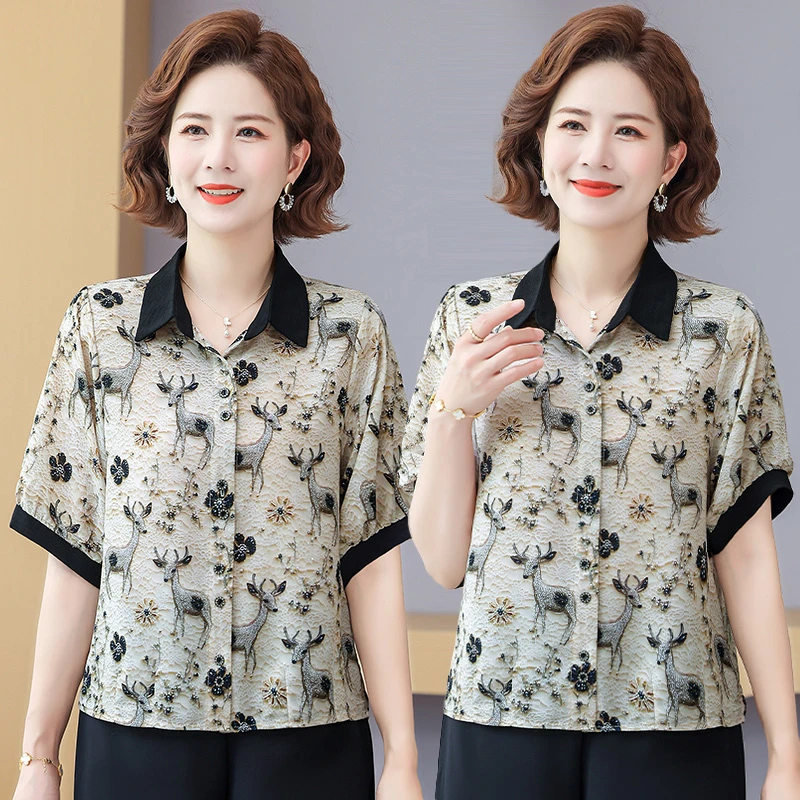时尚中老年女装印花中老年套装小衫百搭欧美风晕染