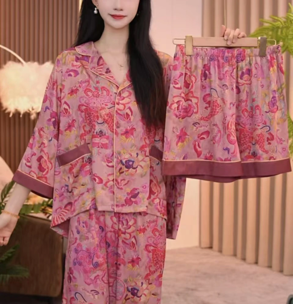 【祥云牡丹】缎面提花女士睡衣套装