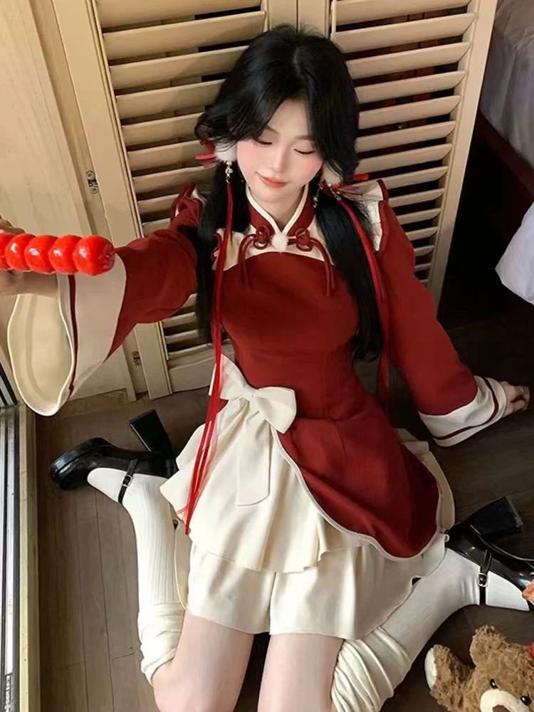 俏皮可爱蝴蝶结新中式旗袍改良拼接连衣裙女冬季新款红色裙子8389